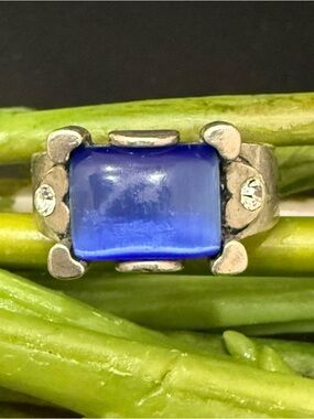 Vintage 925 Sterling Silver Blue Cat’s Eye Cabochon Ring Size 7